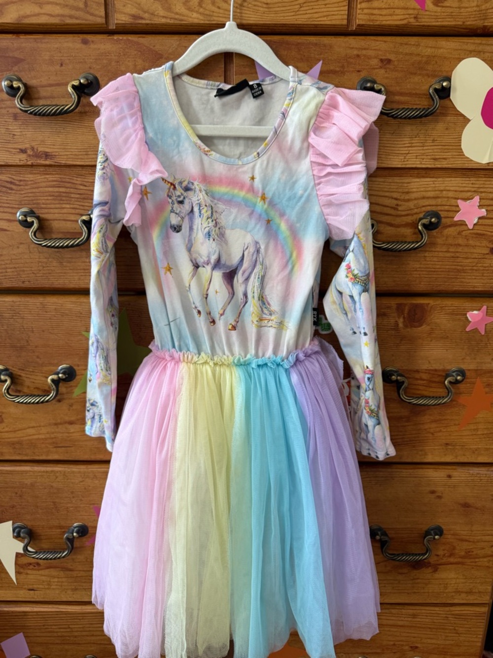 Unicorn Rainbow Tulle Dress with Ruffle Sleeves